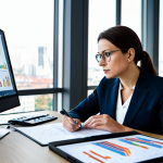 A professional career counselor, a woman in her late 30s, wearing a modest, dark business suit, is seated at a sleek modern desk in a bright, minimalist office. She is looking intently at multiple large monitors displaying complex data visualizations and analytical reports related to AI's impact on various industries. Her expression is thoughtful and focused, demonstrating deep concentration. A tablet with digital notes lies beside her. The background features blurred cityscapes through large windows. The overall scene conveys a sense of innovation and forward-thinking. Perfect anatomy, correct proportions, natural pose, well-formed hands, proper finger count, natural body proportions, professional photography, high quality, safe for work, appropriate content, fully clothed, professional dress, family-friendly.