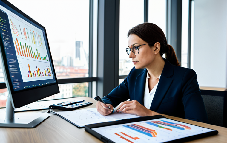 A professional career counselor, a woman in her late 30s, wearing a modest, dark business suit, is seated at a sleek modern desk in a bright, minimalist office. She is looking intently at multiple large monitors displaying complex data visualizations and analytical reports related to AI's impact on various industries. Her expression is thoughtful and focused, demonstrating deep concentration. A tablet with digital notes lies beside her. The background features blurred cityscapes through large windows. The overall scene conveys a sense of innovation and forward-thinking. Perfect anatomy, correct proportions, natural pose, well-formed hands, proper finger count, natural body proportions, professional photography, high quality, safe for work, appropriate content, fully clothed, professional dress, family-friendly.