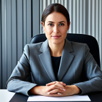 "Professional businesswoman in a modest business suit, sitting at a desk in a modern office, fully clothed, appropriate attire, safe for work, perfect anatomy, natural proportions, professional photography, high quality."