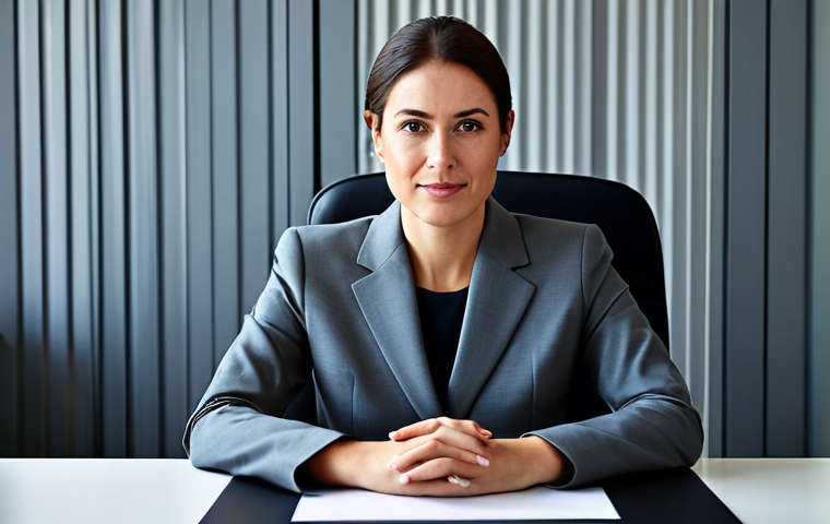 "Professional businesswoman in a modest business suit, sitting at a desk in a modern office, fully clothed, appropriate attire, safe for work, perfect anatomy, natural proportions, professional photography, high quality."