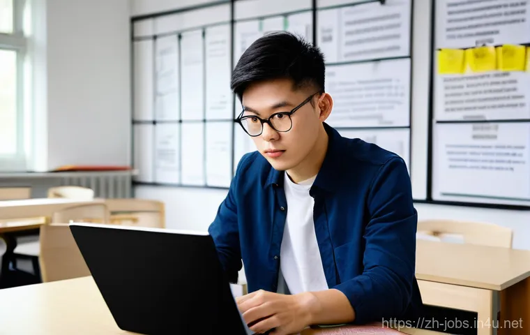 직업상담사 실기시험 준비 강의 - **Prompt:** A young, focused male student (mid-20s, East Asian, wearing smart casual clothes like a ...