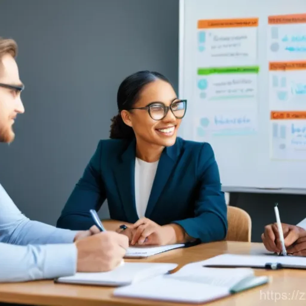 직업상담사 스터디 그룹 활용법 - A diverse group of professional career counselors, ranging in age and ethnicity, gathered around a l...
