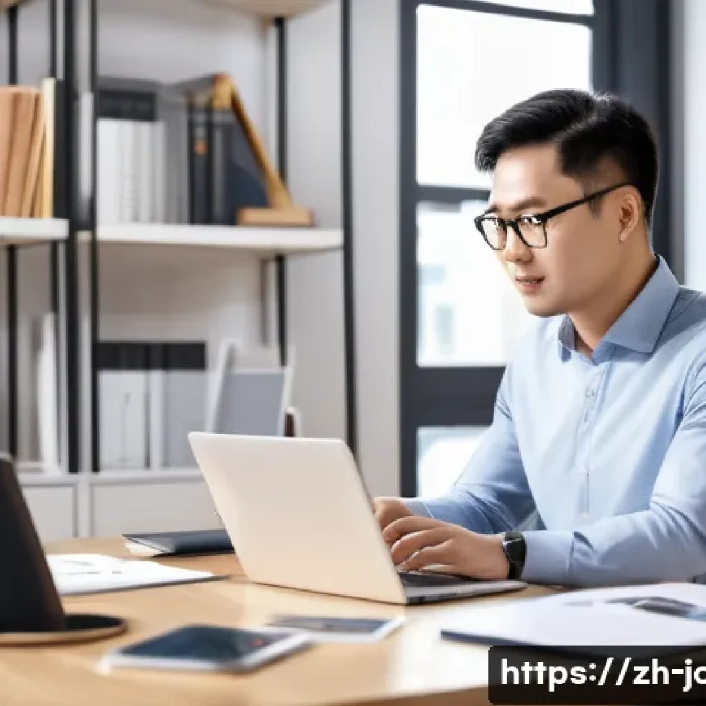 직업상담사와 소셜미디어 활용 - A modern Chinese career consultant working in a stylish home office, featuring a clean desk with a l...