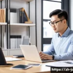 직업상담사와 소셜미디어 활용 - A modern Chinese career consultant working in a stylish home office, featuring a clean desk with a l...