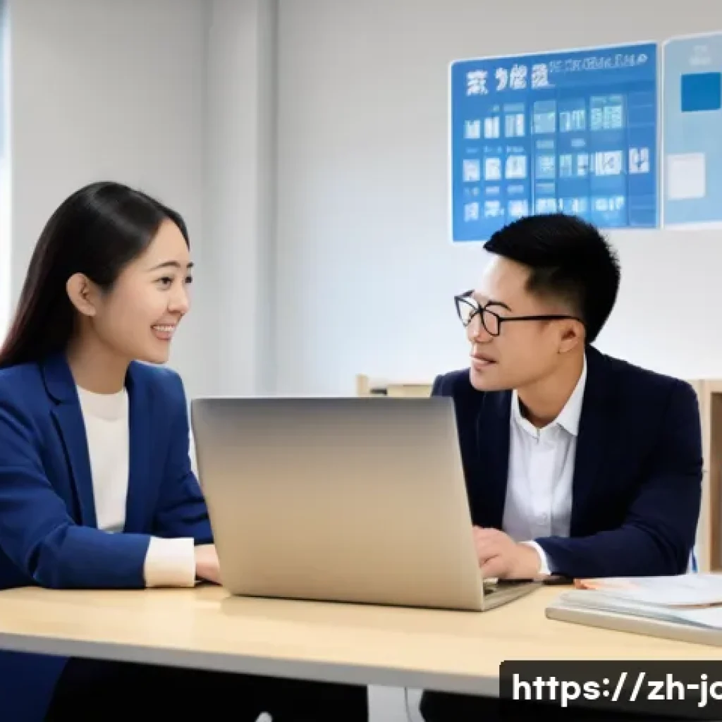 직업상담사 취업 시장 동향 - A modern university career counseling office scene, featuring a professional career counselor wearin...