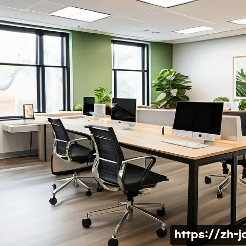 직업상담사 직무 만족도 조사 - A modern, bright career counseling office with an open layout, featuring a diverse group of professi...
