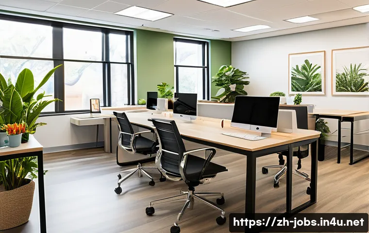 직업상담사 직무 만족도 조사 - A modern, bright career counseling office with an open layout, featuring a diverse group of professi...