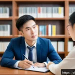직업상담사 필수 기초 이론 - A professional career counselor in a modern office setting, attentively listening to a young Chinese...